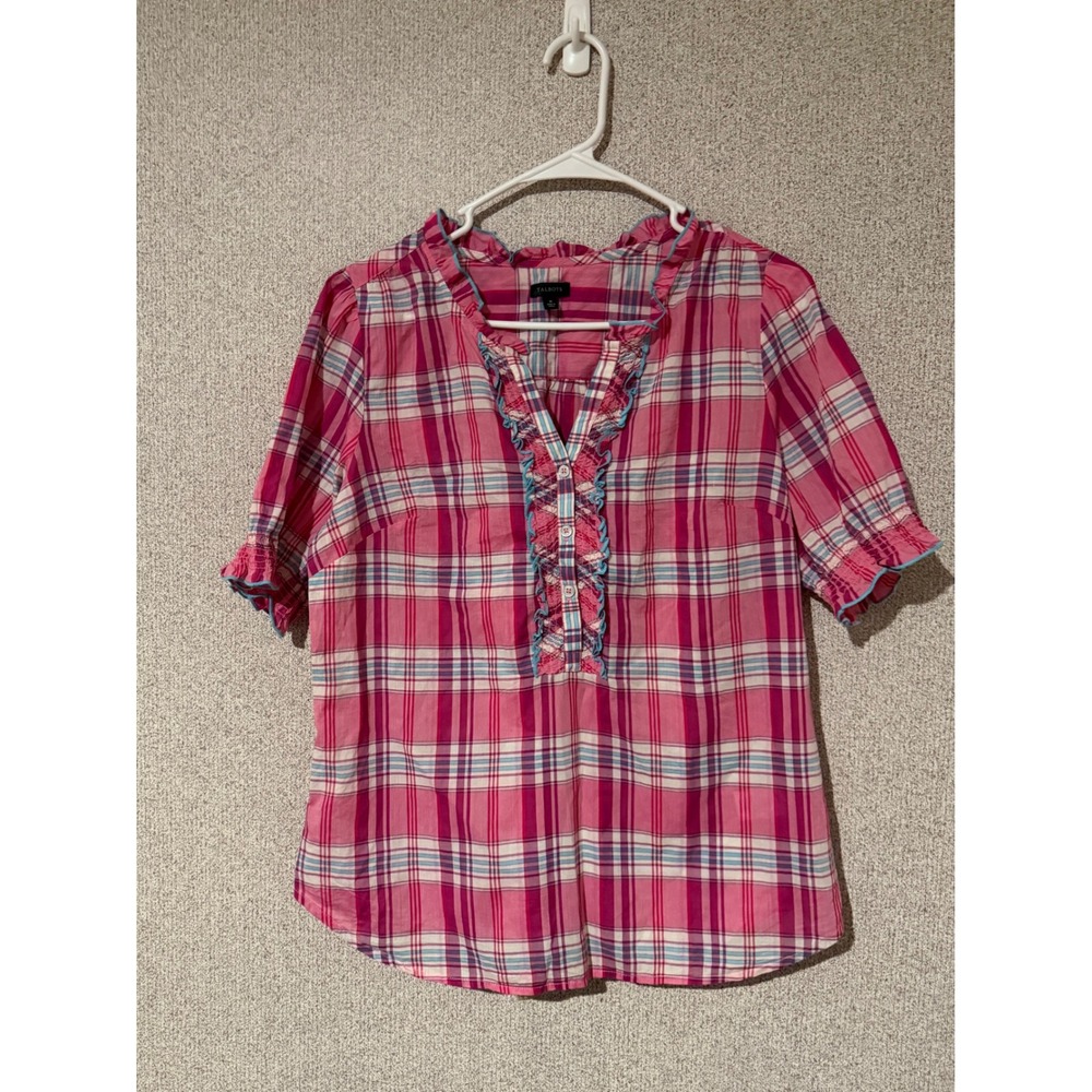 Talbots Womens Pink Blue Plaid Ruffle V-Neck Blouse Short Sleeve Cotton Top M